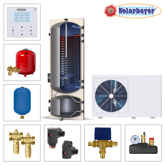 Solarbayer Wärmepumpenpaket LWM 12 / WP-Kombi Set 4, Emaillierter Doppelspeicher 300/100