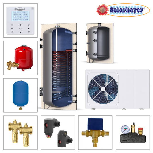 Solarbayer Wärmepumpenpaket LWM 12 / P100, WP300 Set 1, Puffer- & Warmwasserspeicher