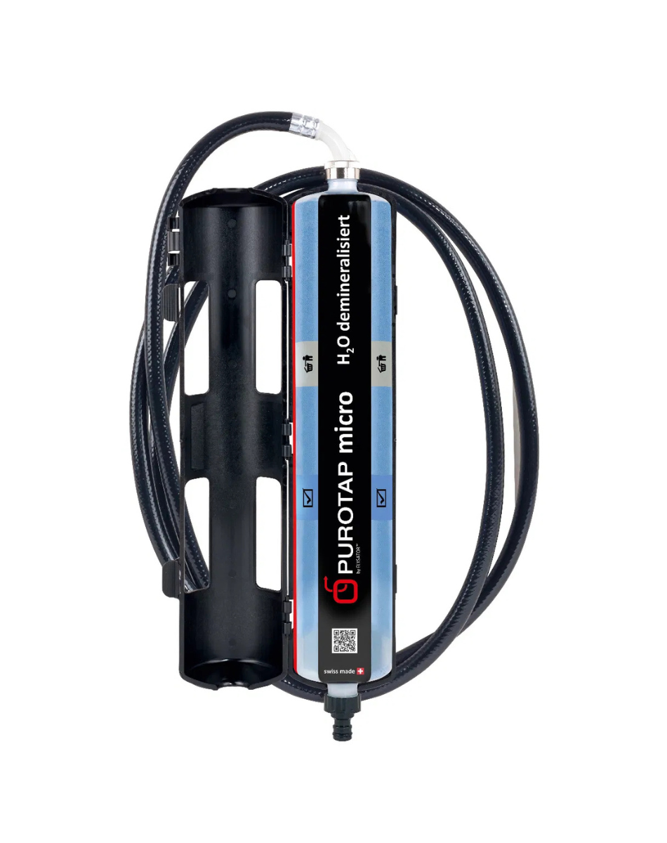 Elysator Purotap Befüllstation inkl. micro Vollentsalzungs-Einwegpatrone mit Farbumschlag, 2,8 m Schlauch und Wandhalterung (Befüllstation) Purotap micro Vollentsalzungs-Einwegpatrone mit Farbumschlag, 2,8 m Schlauch und Wandhalterung